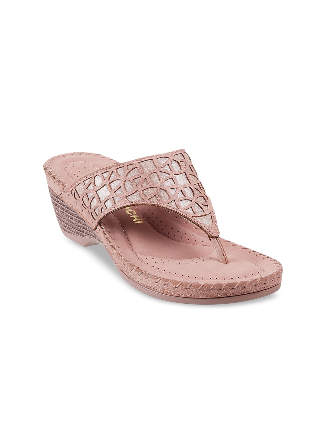 

Mochi Embellished Wedge Heels With Laser Cut Work, Peach