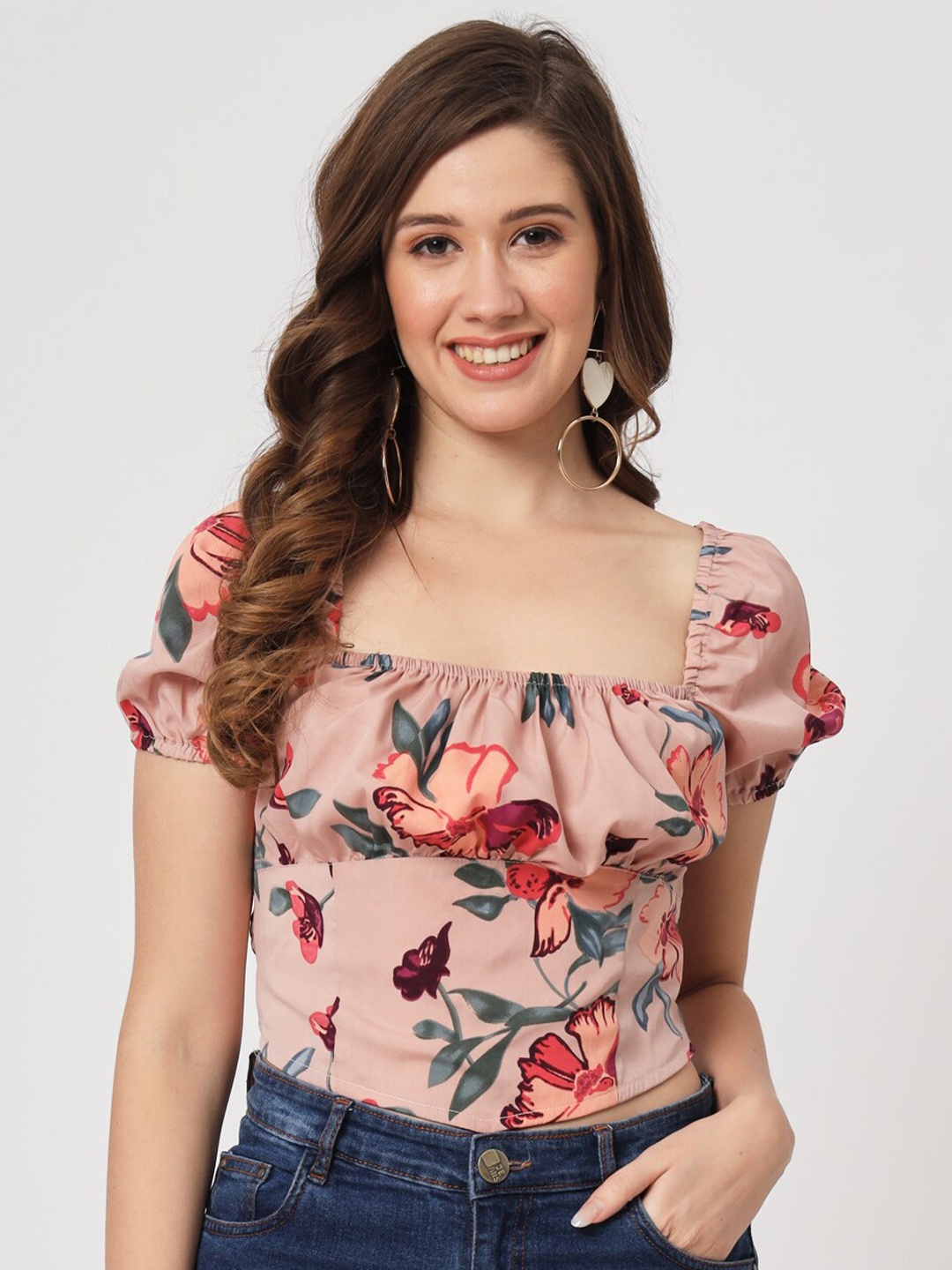 

CUFFS N LASHES Square Neck Floral Printed Puff Sleeve Bardot Top, Peach