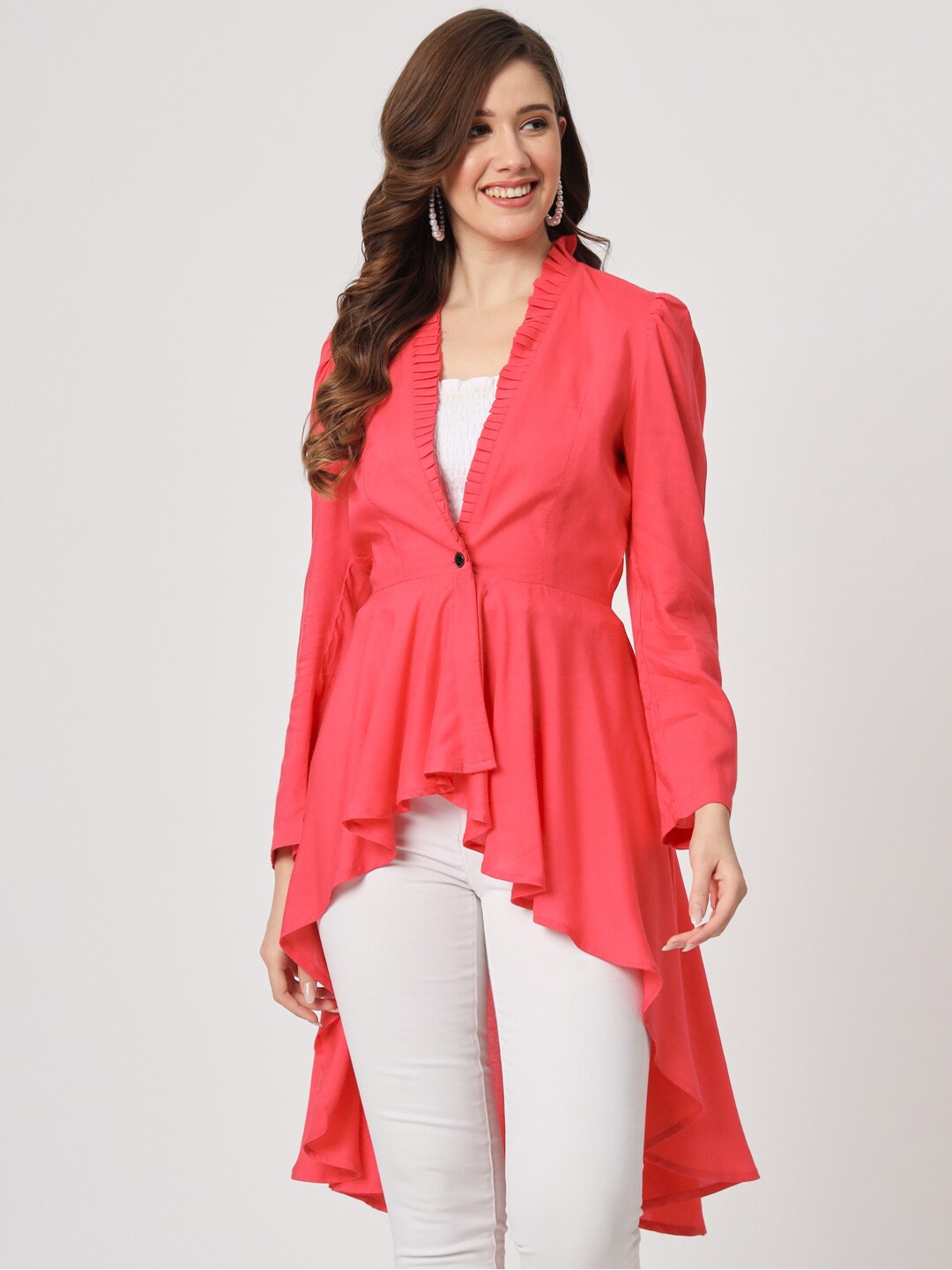 

CUFFS N LASHES Pleated V-Neck Puff Sleeves High-Low Longline Top, Pink