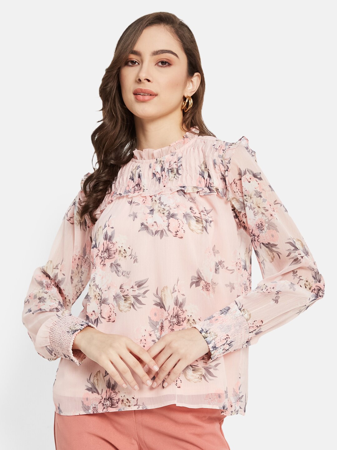 

METTLE Floral Printed High Collar Cotton Ruffled Top, Pink