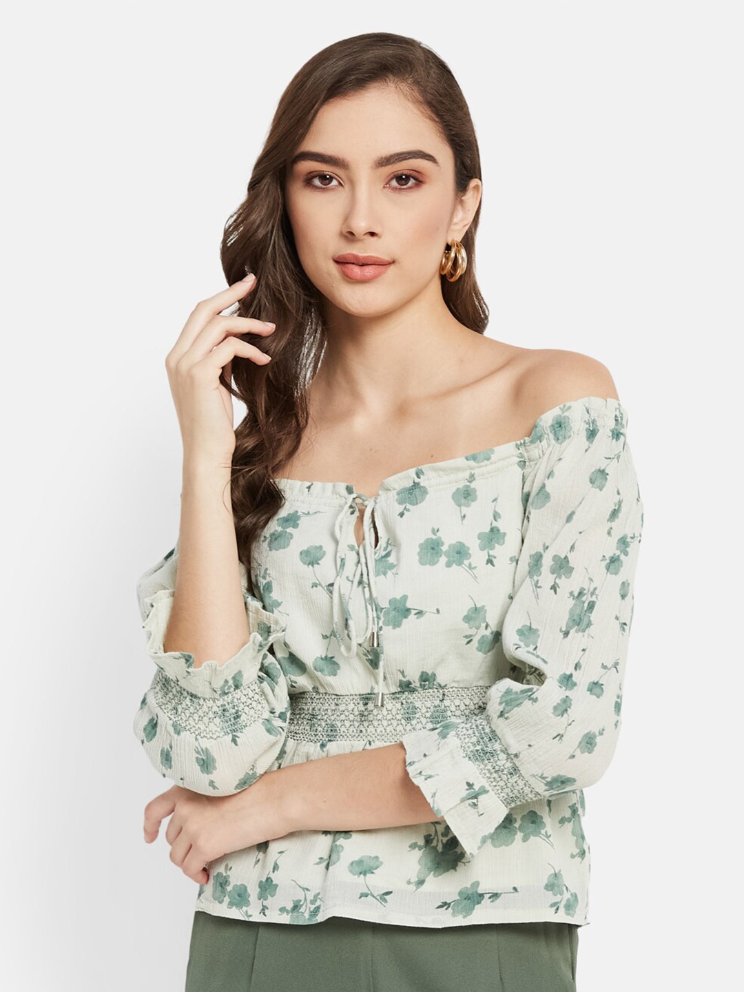 

METTLE Floral Printed Off-Shoulder Cotton Bardot Top, Green