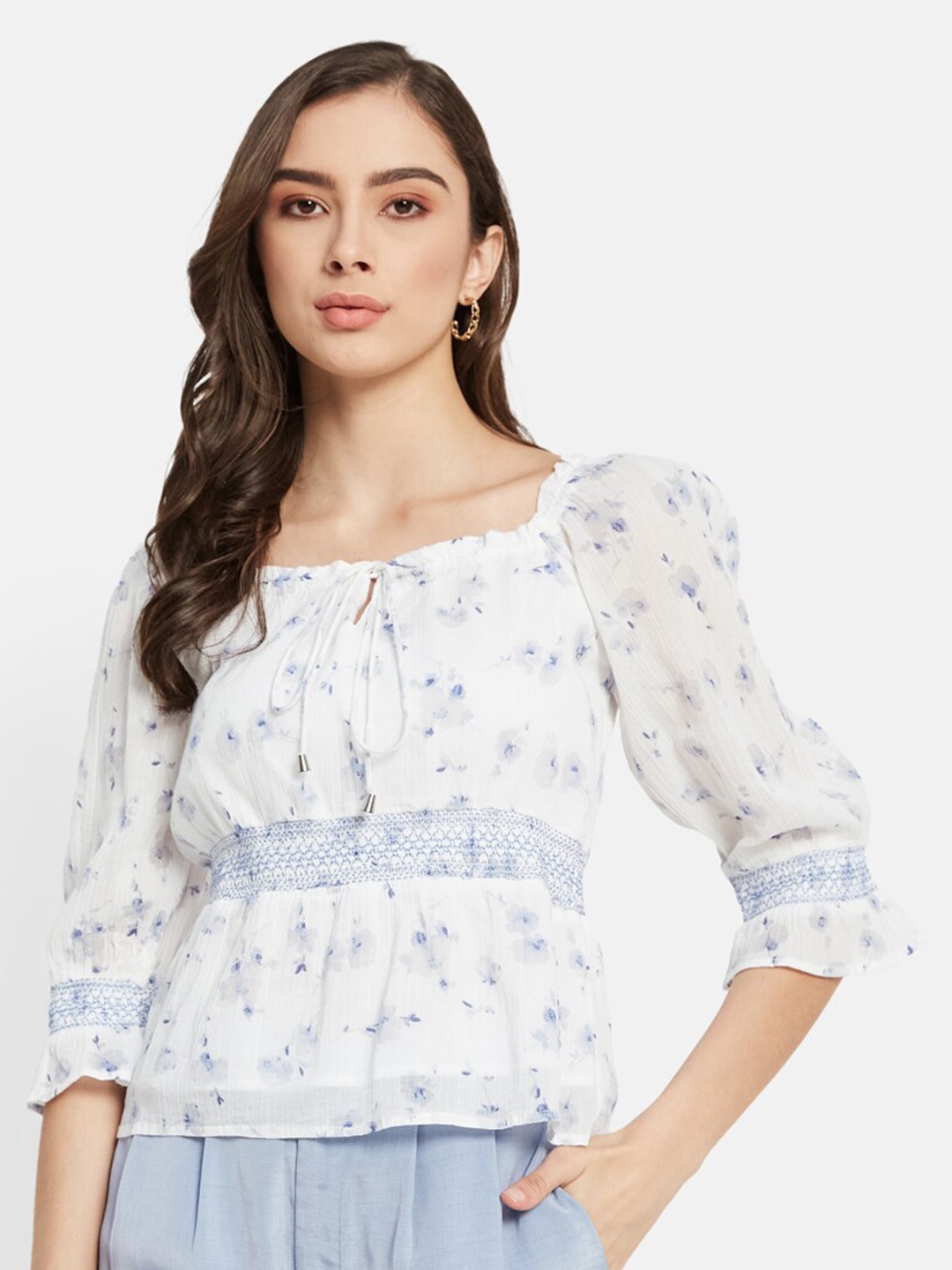 

METTLE Floral Printed Tie Up Neck Puff Sleeves Cotton Top, White