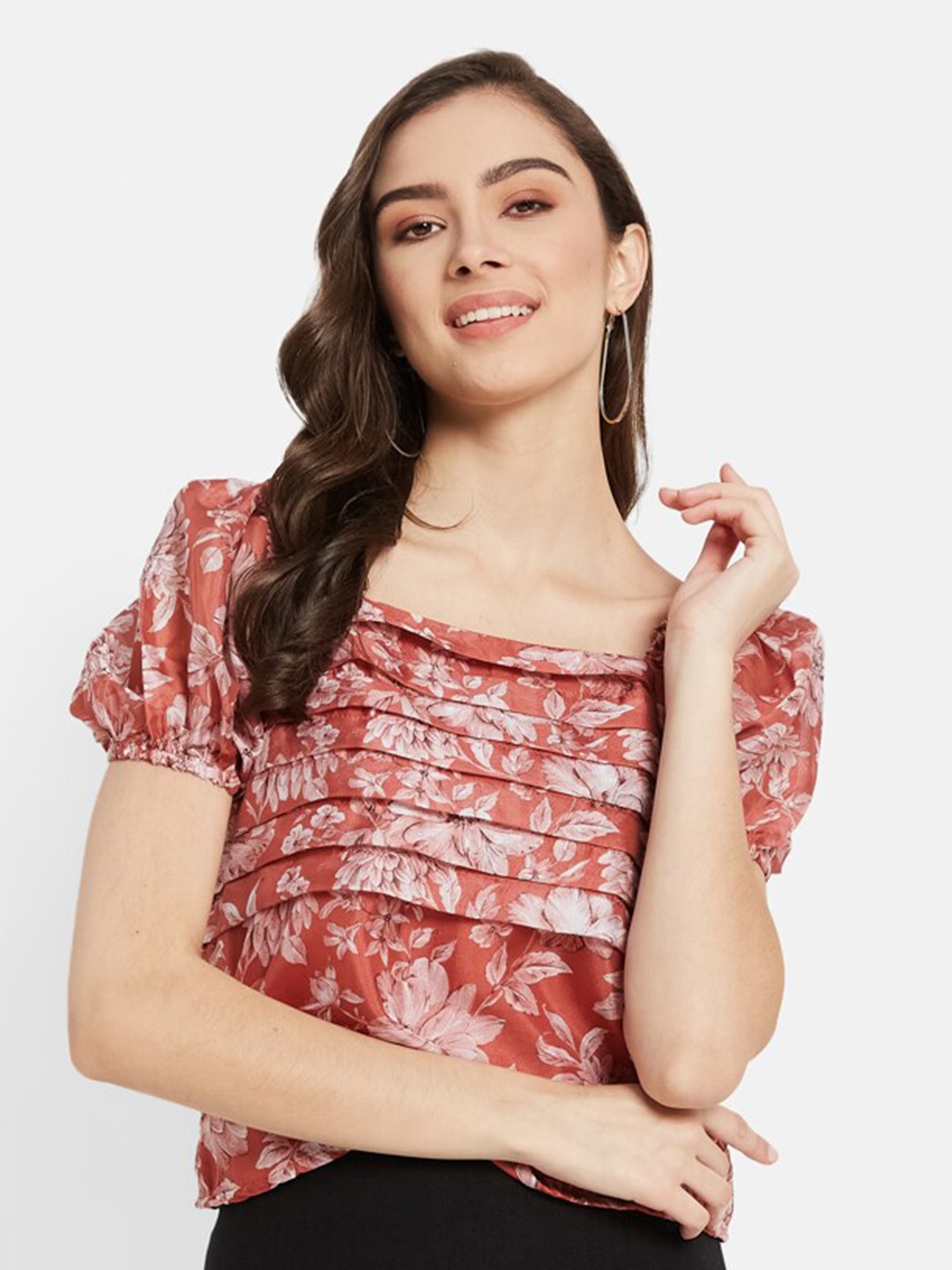 

METTLE Floral Printed Puff Sleeves Cotton Top, Brown