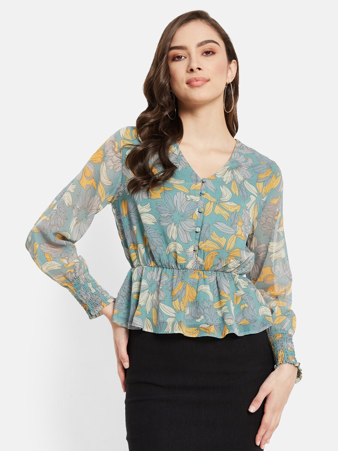 

METTLE Floral Printed V-Neck Cotton Cinched Waist Top, Green