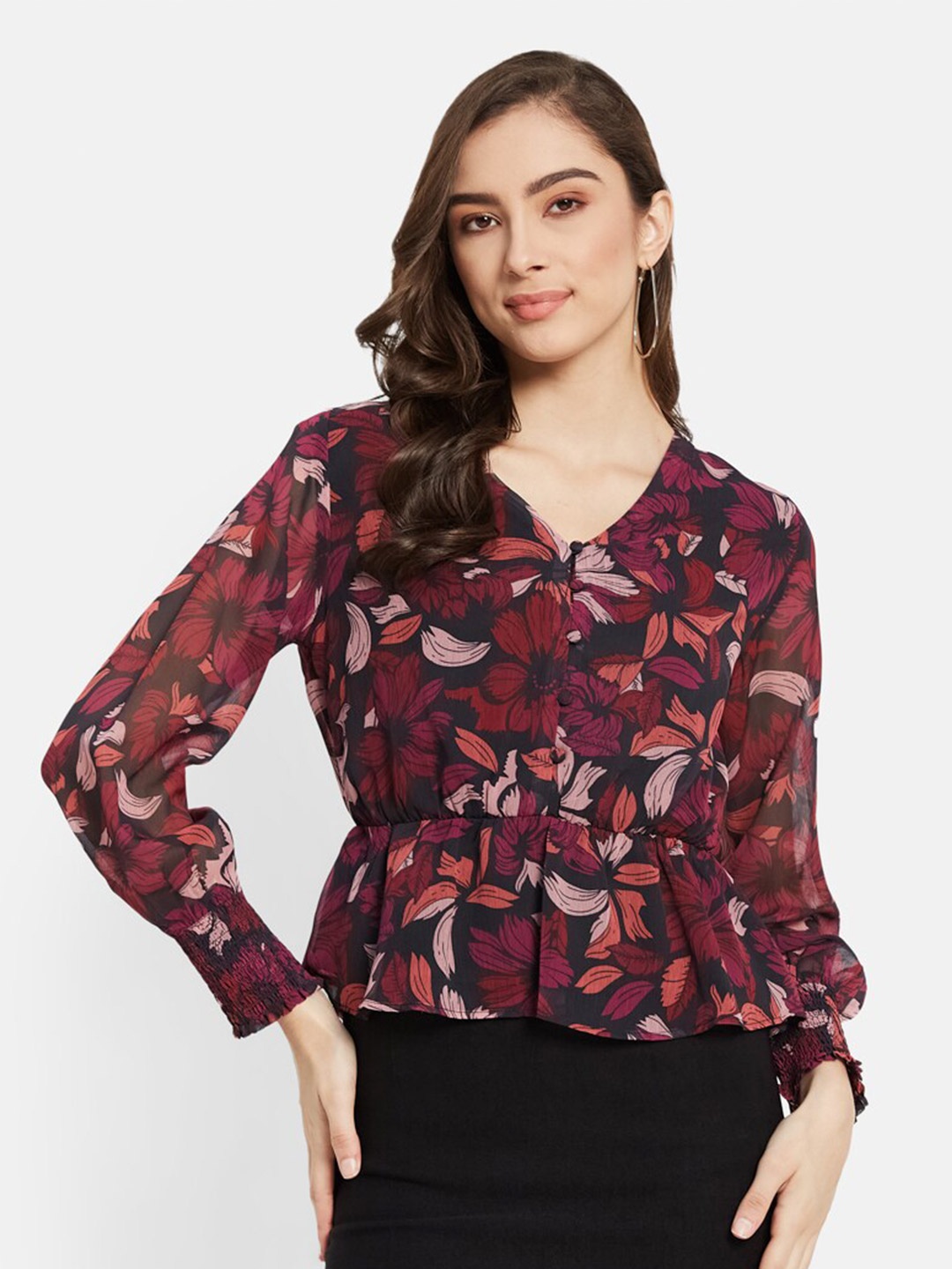 

METTLE Floral Printed Cuffed Sleeves Cotton Peplum Top, Black