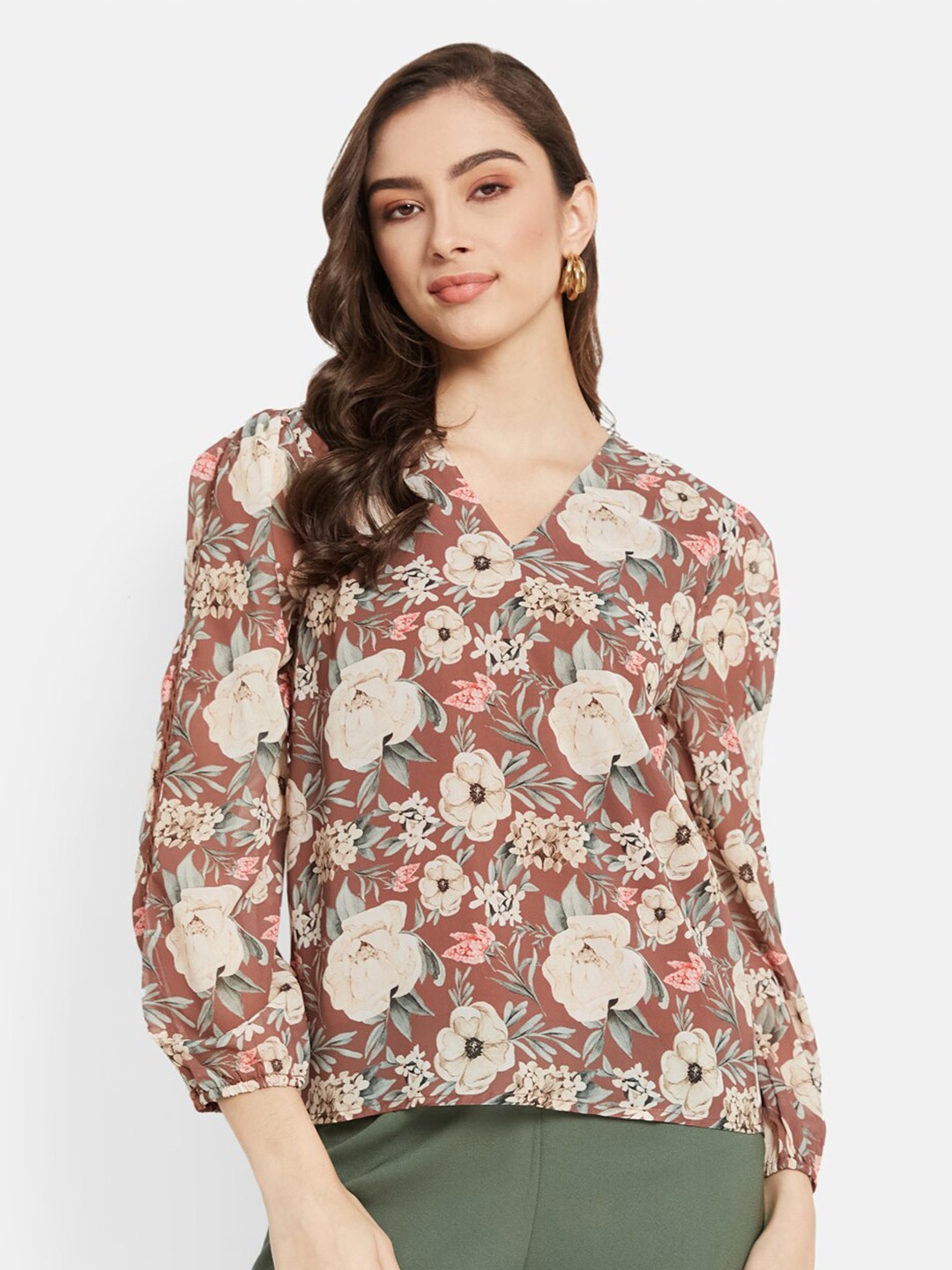 

METTLE Floral Printed V-Neck Puff Sleeves Cotton Top, Brown