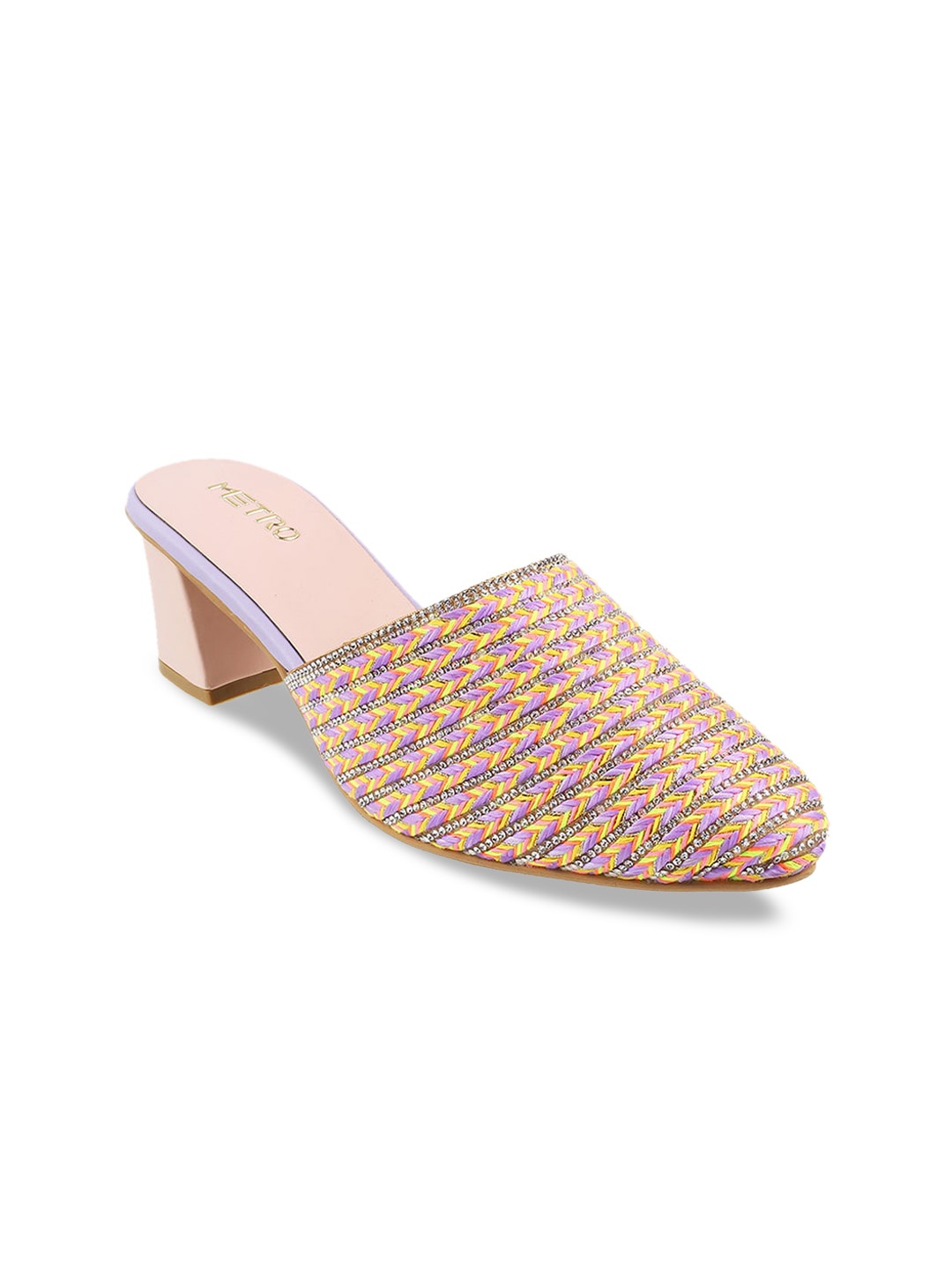 

Metro Printed Pointed Toe Block Mules With Western - Embellished, Peach
