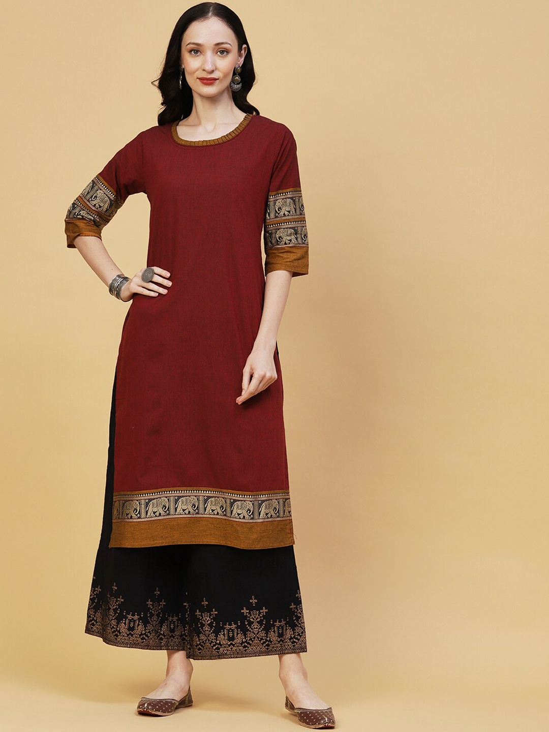 

FASHOR Maroon Ethnic Motifs Woven Design Cotton Kurta