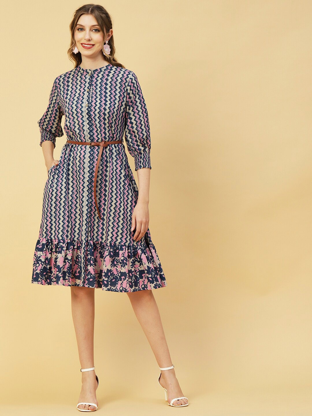 

FASHOR Ethnic Motifs Printed Band Collar Cotton A-Line Dress With Belt, Navy blue