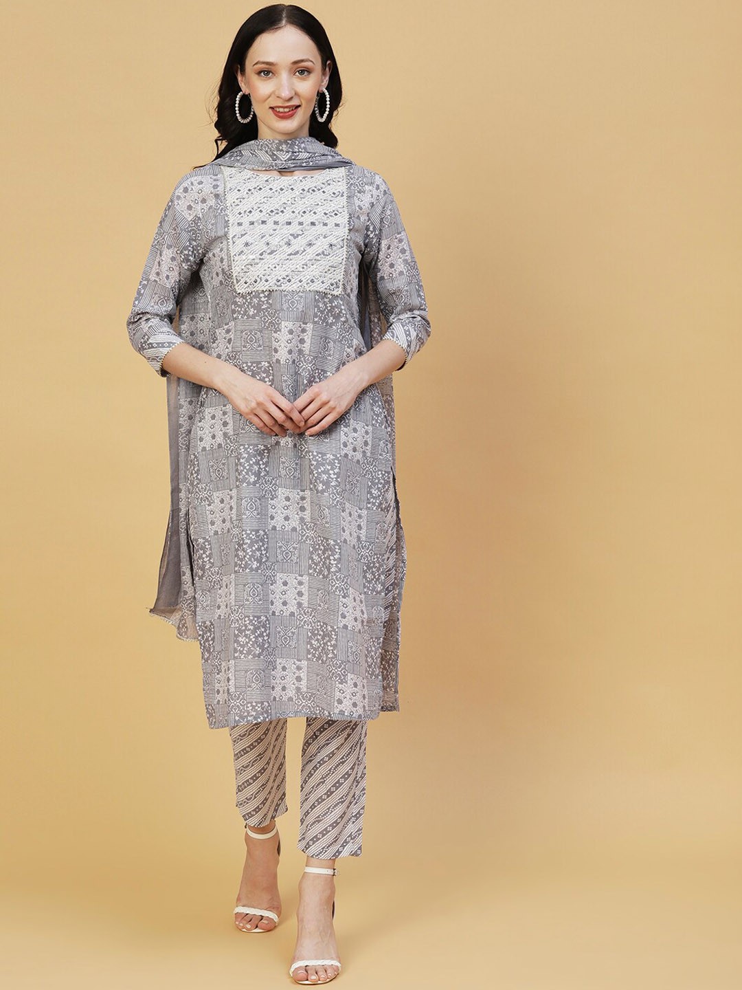 

FASHOR Grey & Off White Printed Sequinned Pure Cotton Kurta with Trousers & Dupatta