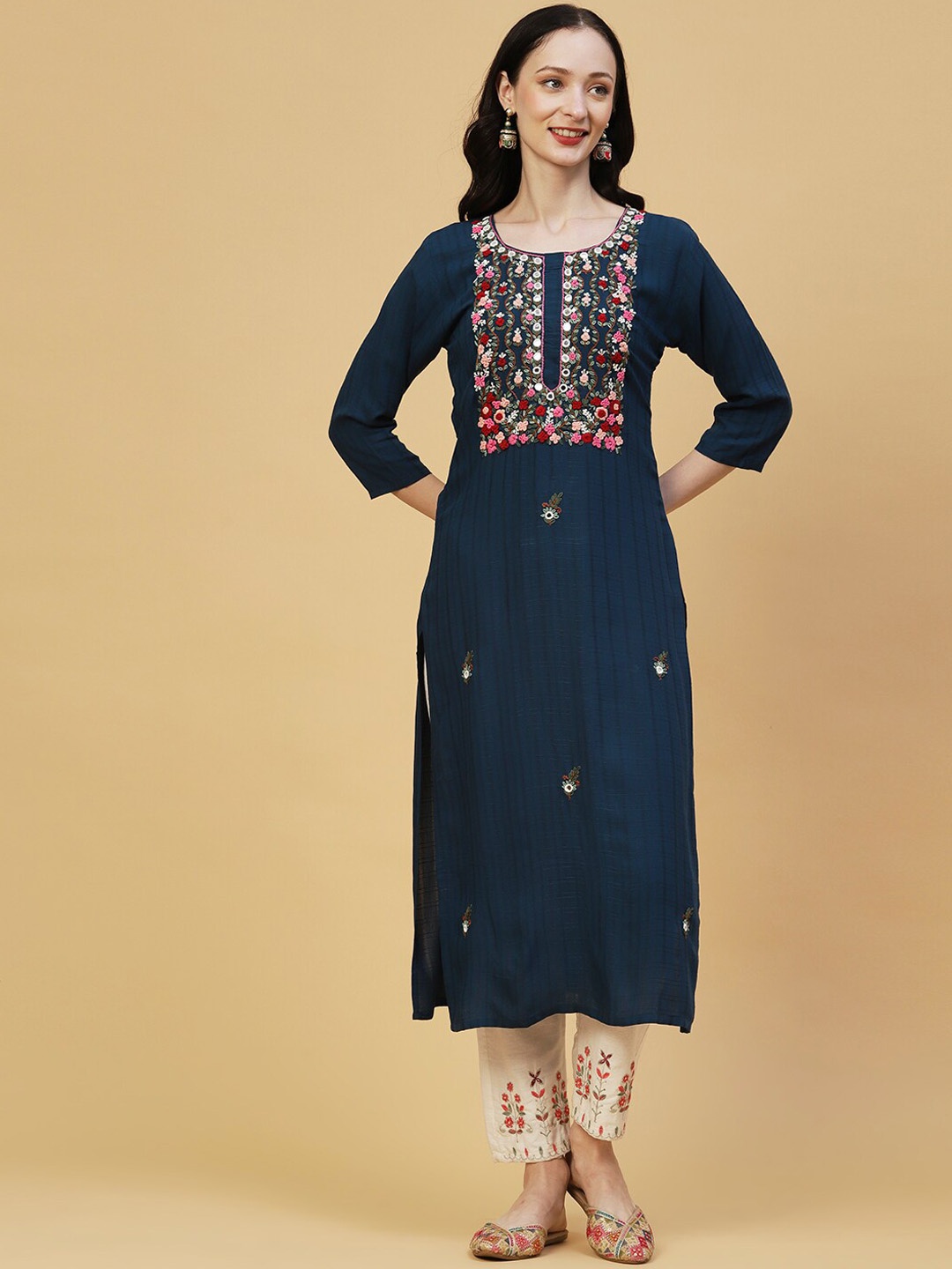 

FASHOR Navy Blue Floral Embroidered Mirror Work Kurta