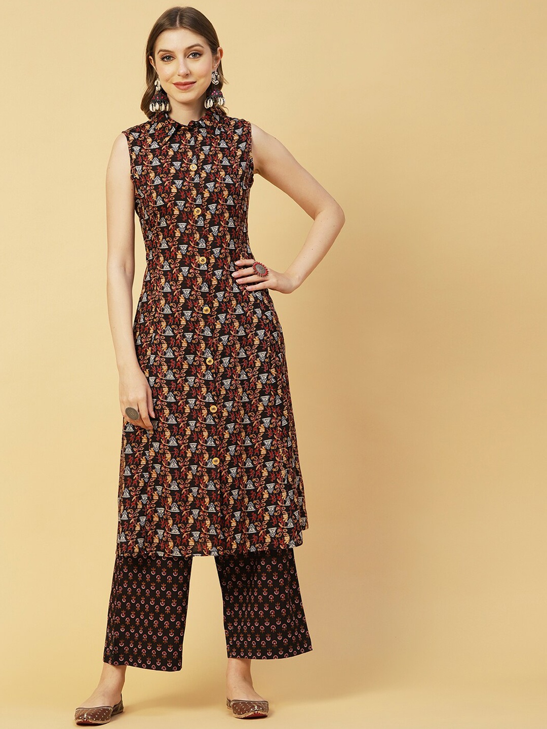 

FASHOR Black & Red Printed Shirt Collar A-Line Pure Cotton Kurta with Palazzos