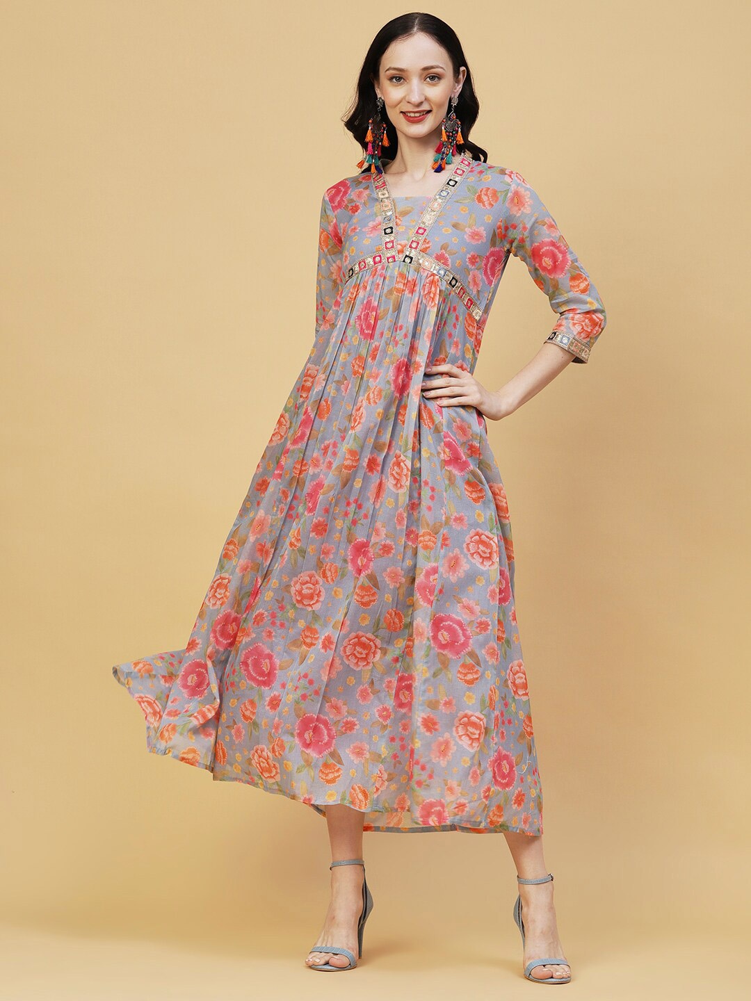 

FASHOR Blue & Pink Floral Printed Embellished Cotton A-Line Maxi Ethnic Dress