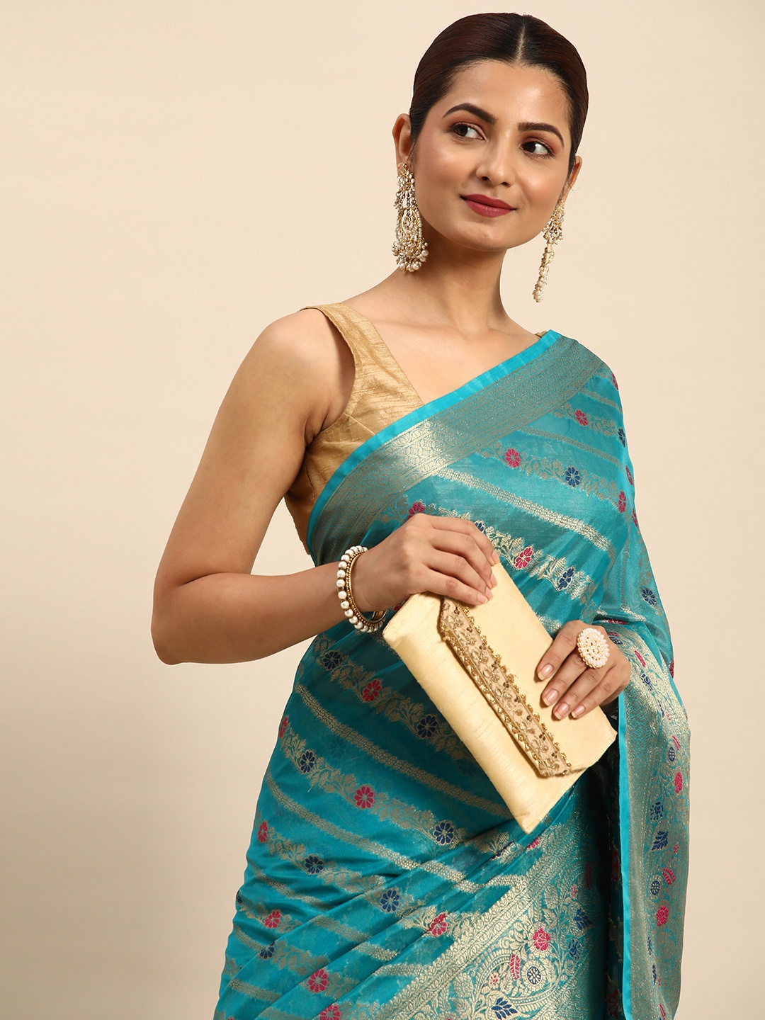 

Indian Women Turquoise Blue & Gold-Toned Woven Design Zari Organza Banarasi Saree