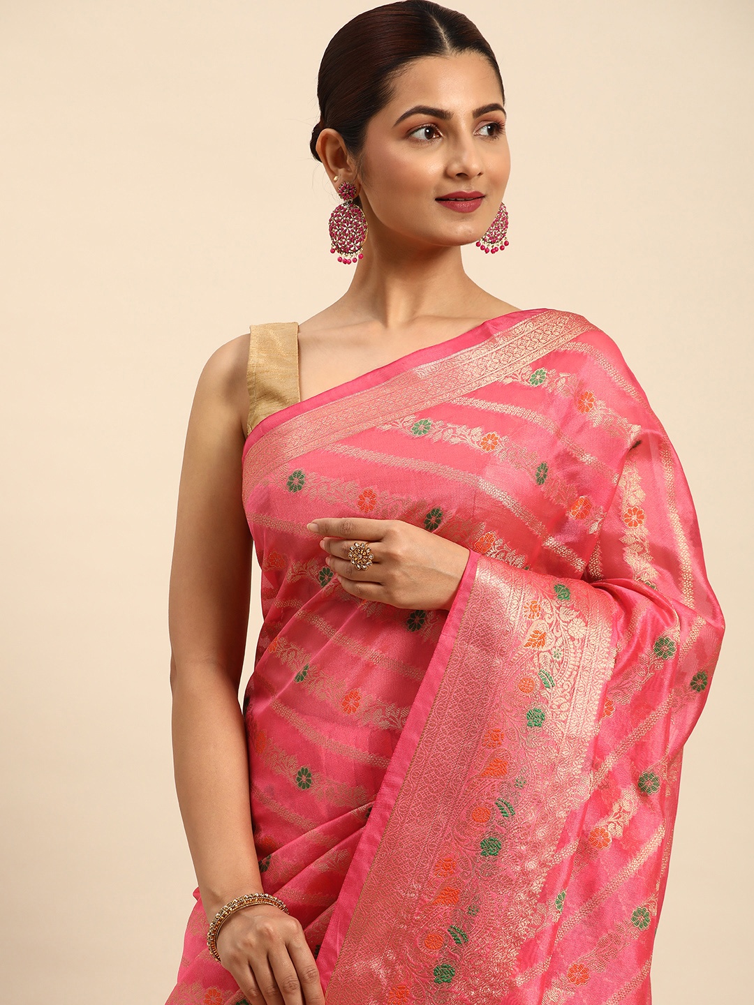 

Indian Women Woven Design Zari Organza Banarasi Saree, Pink