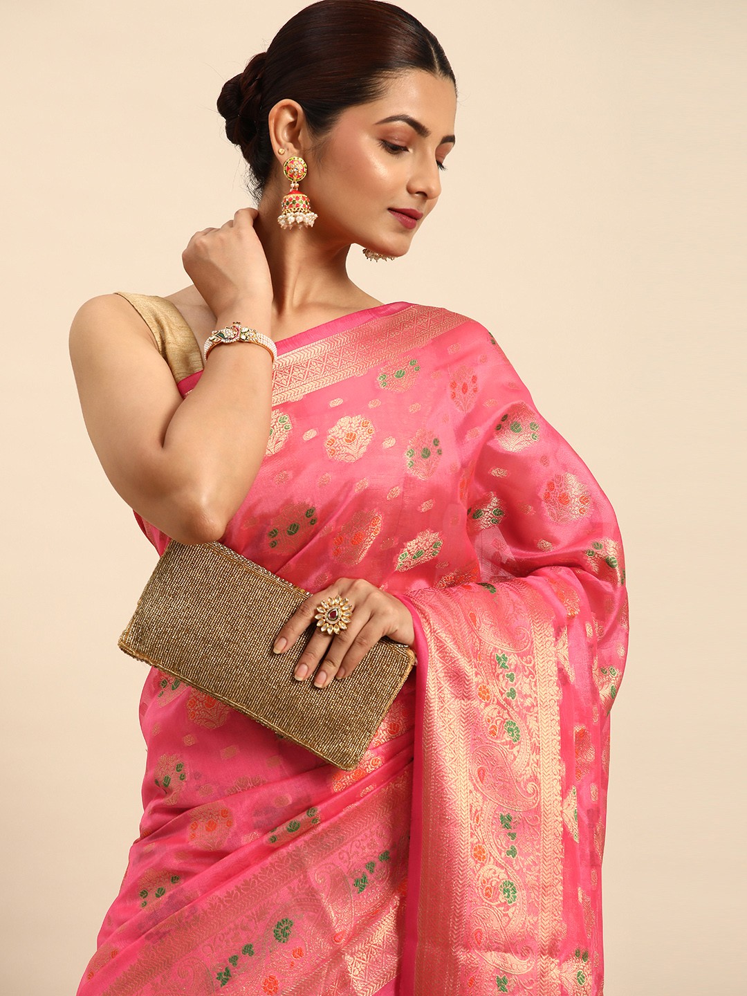 

Indian Women Pink & Gold-Toned Woven Design Zari Organza Banarasi Saree