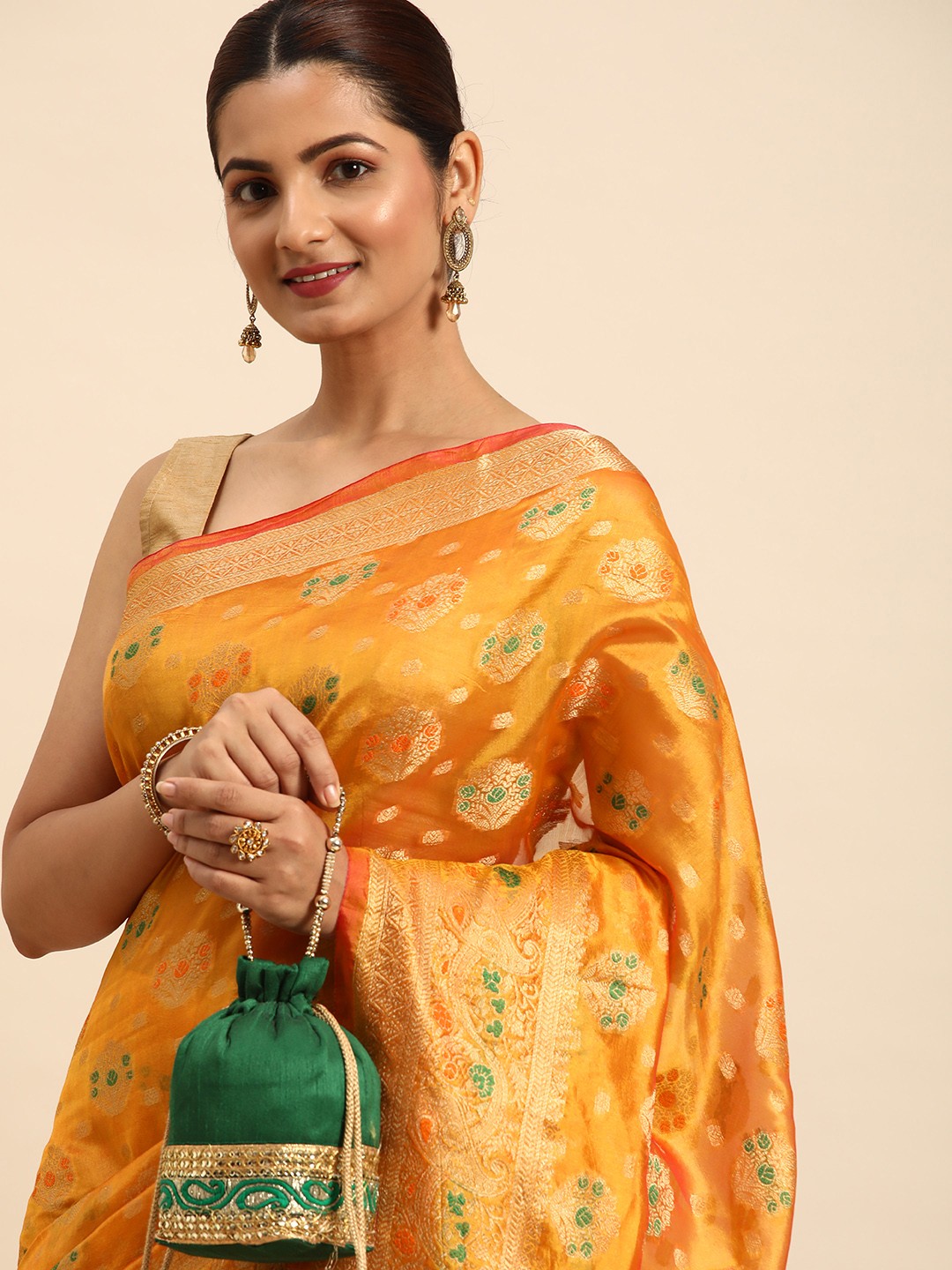

Indian Women Woven Design Zari Organza Banarasi Saree, Orange