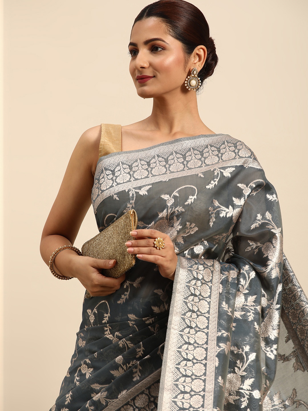 

Indian Women Woven Design Zari Organza Banarasi Saree, Grey