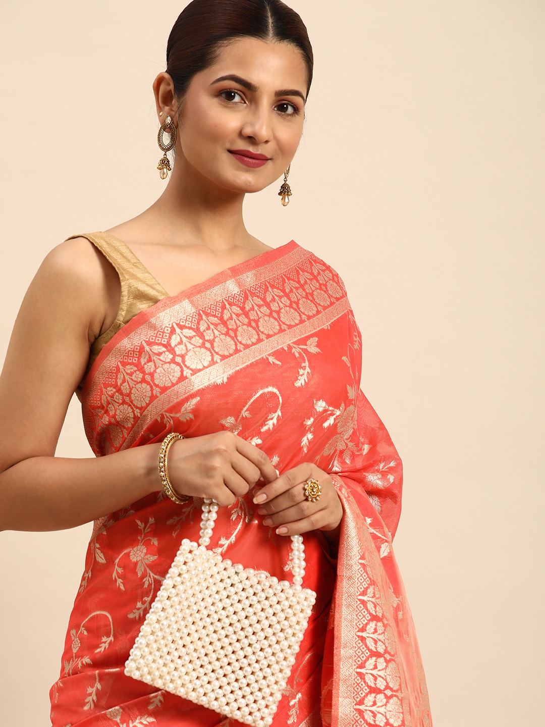 

Indian Women Woven Design Zari Organza Banarasi Saree, Pink