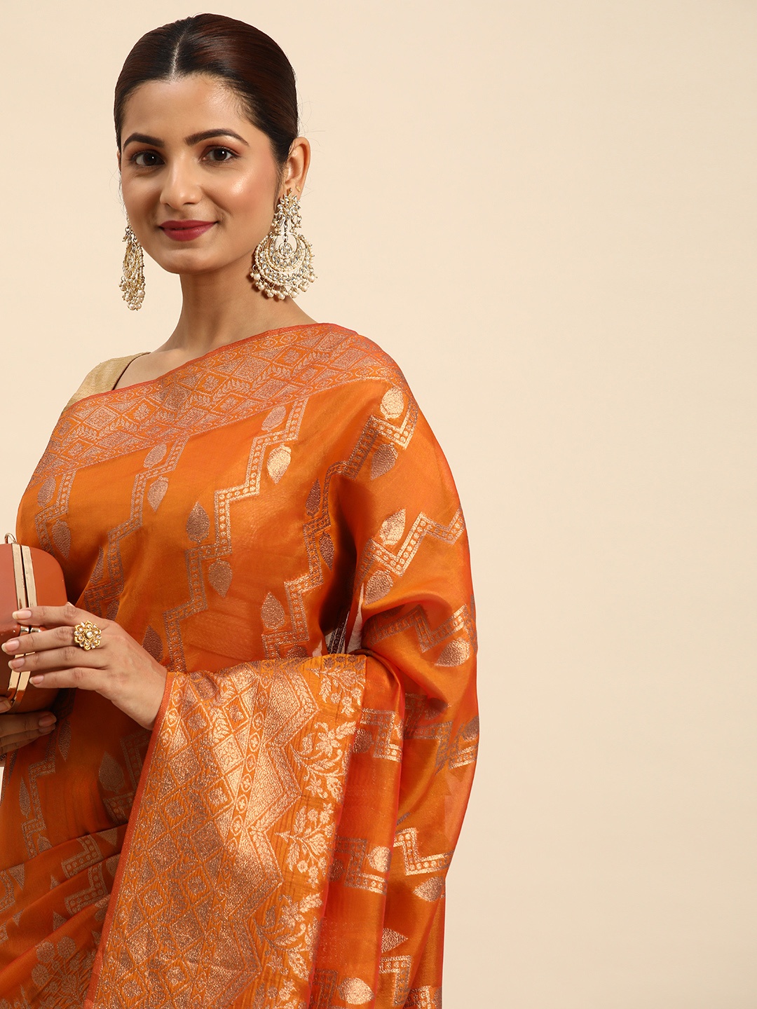 

Indian Women Mustard & Gold-Toned Woven Design Zari Organza Banarasi Saree