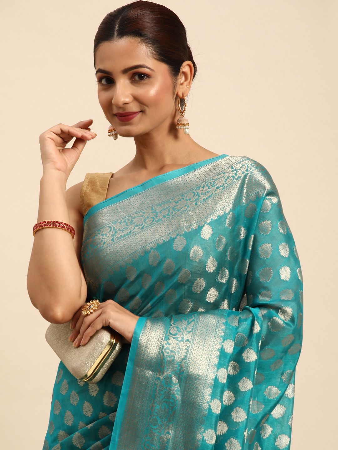 

Indian Women Woven Design Zari Organza Banarasi Saree, Turquoise blue