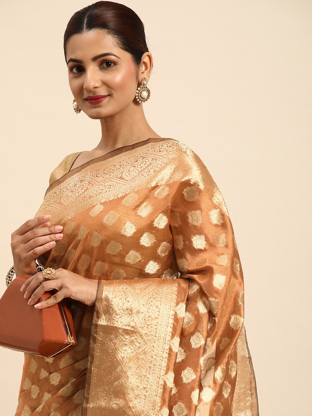 

Indian Women Woven Design Zari Organza Fusion Banarasi Saree, Brown