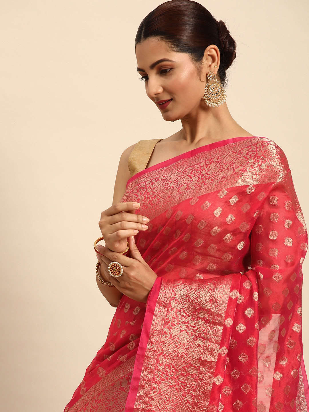 

Indian Women Red & Gold-Toned Woven Design Zari Organza Banarasi Saree