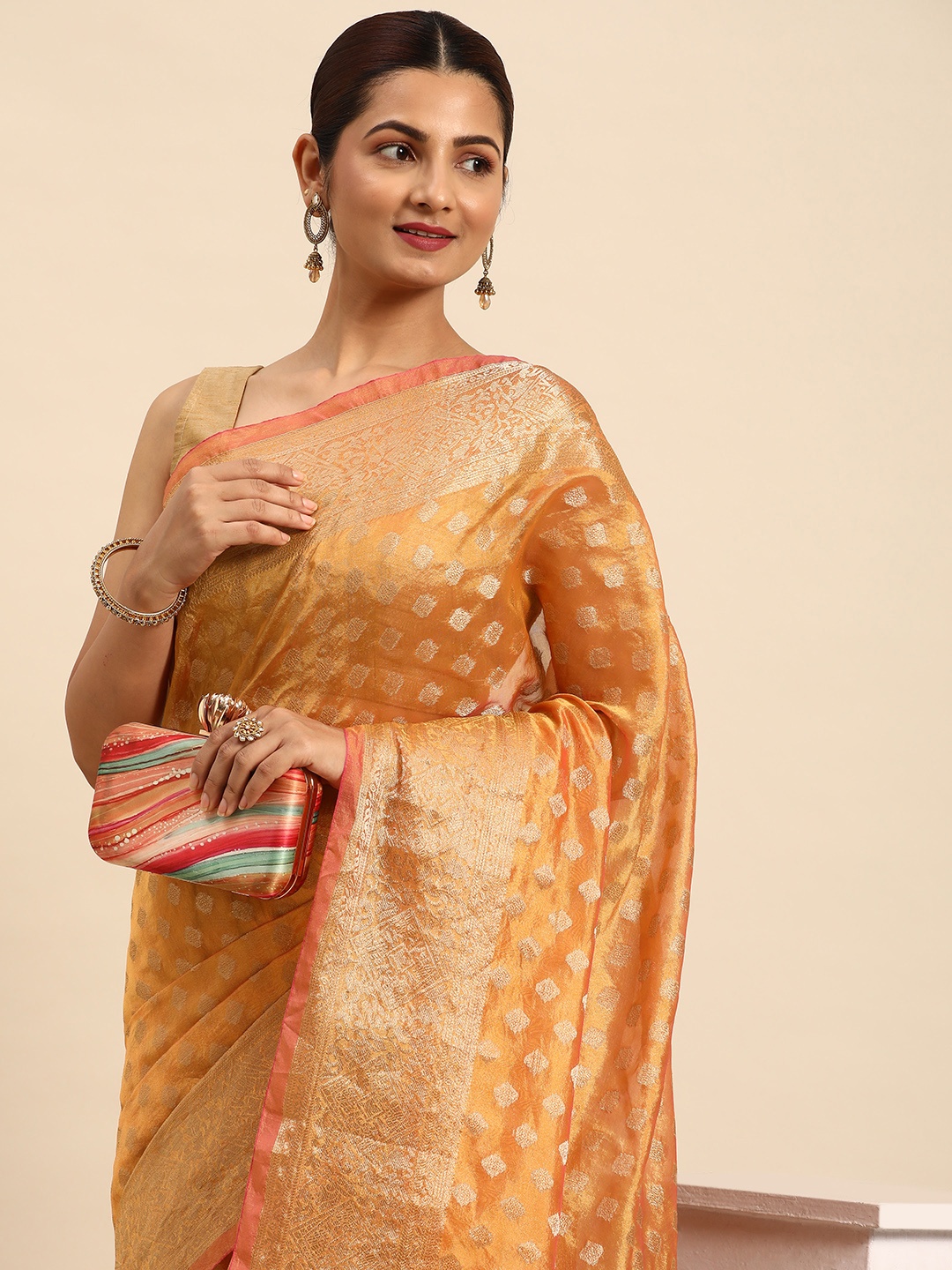 

Indian Women Woven Design Zari Organza Banarasi Saree, Mustard