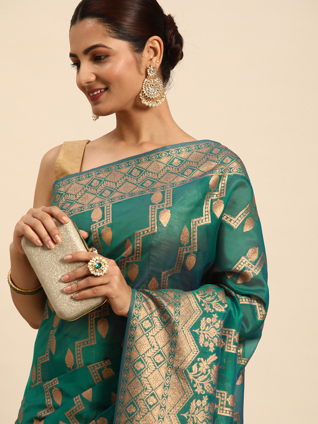 

Indian Women Turquoise Blue & Gold-Toned Woven Design Zari Organza Banarasi Saree