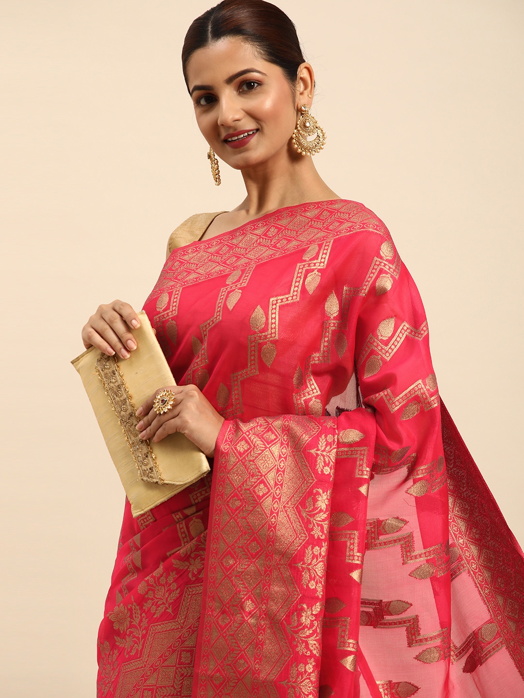 

Indian Women Fuchsia & Gold-Toned Woven Design Zari Organza Banarasi Saree