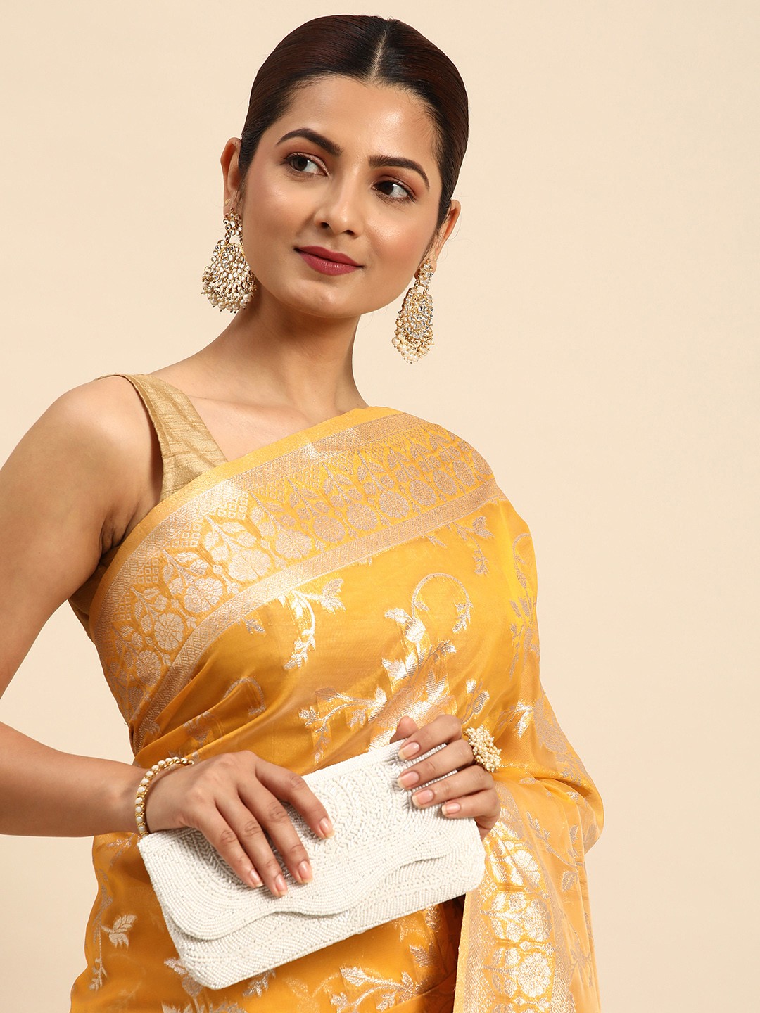 

Indian Women Yellow & Gold-Toned Woven Design Zari Organza Banarasi Saree