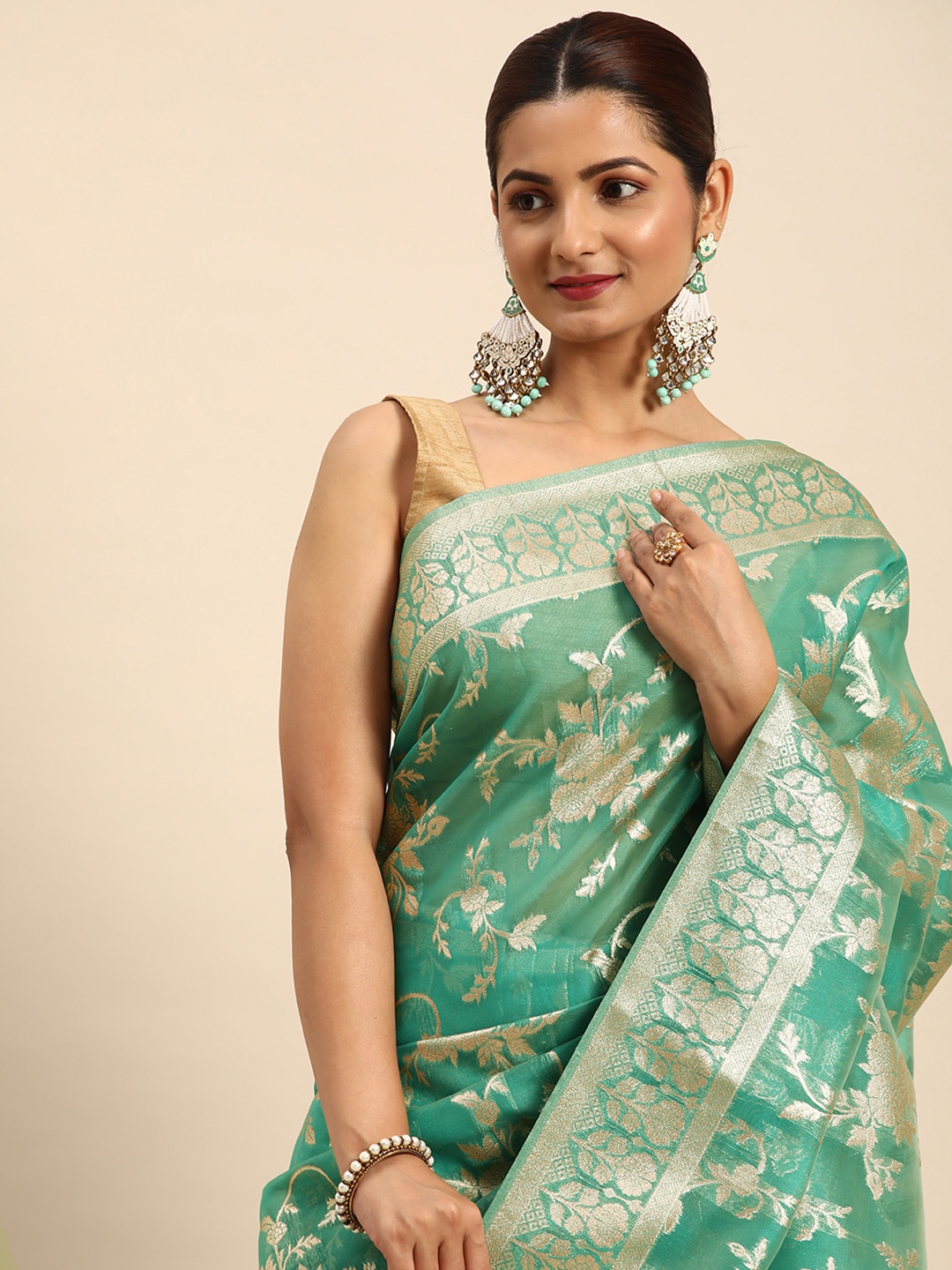 

Indian Women Woven Design Zari Organza Fusion Banarasi Saree, Blue