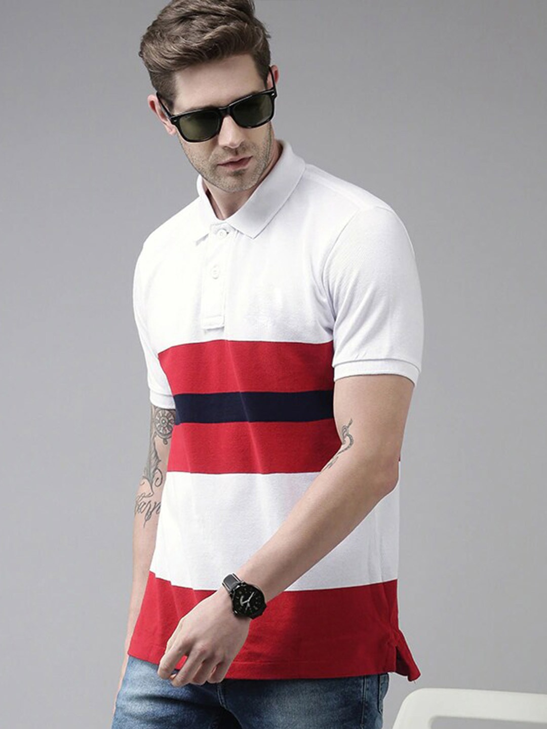 

GESPO Colourblocked Polo Collar Cotton T-shirt, White