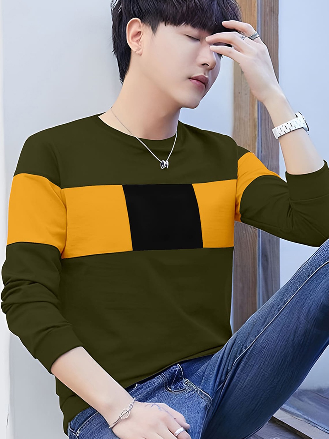 

GESPO Colourblocked Long Sleeves Cotton T-shirt, Green