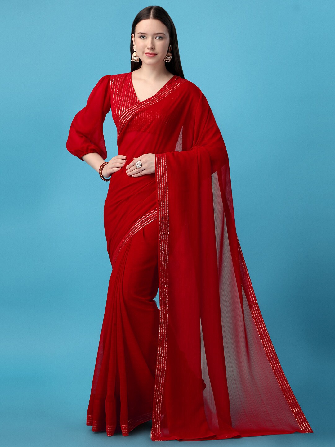 

MotiHamir Embellished Sequinned Pure Georgette Saree With Blouse Piece, Red
