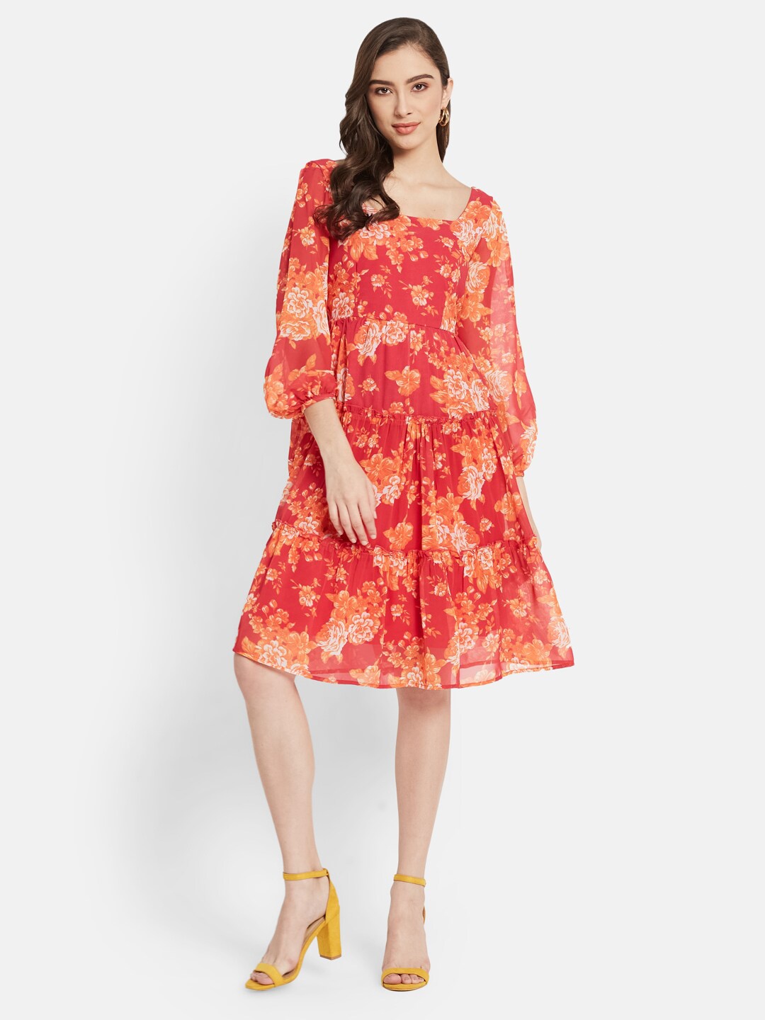 

METTLE Floral Printed Puff Sleeves Tiered Cotton Fit & Flare Dress, Red