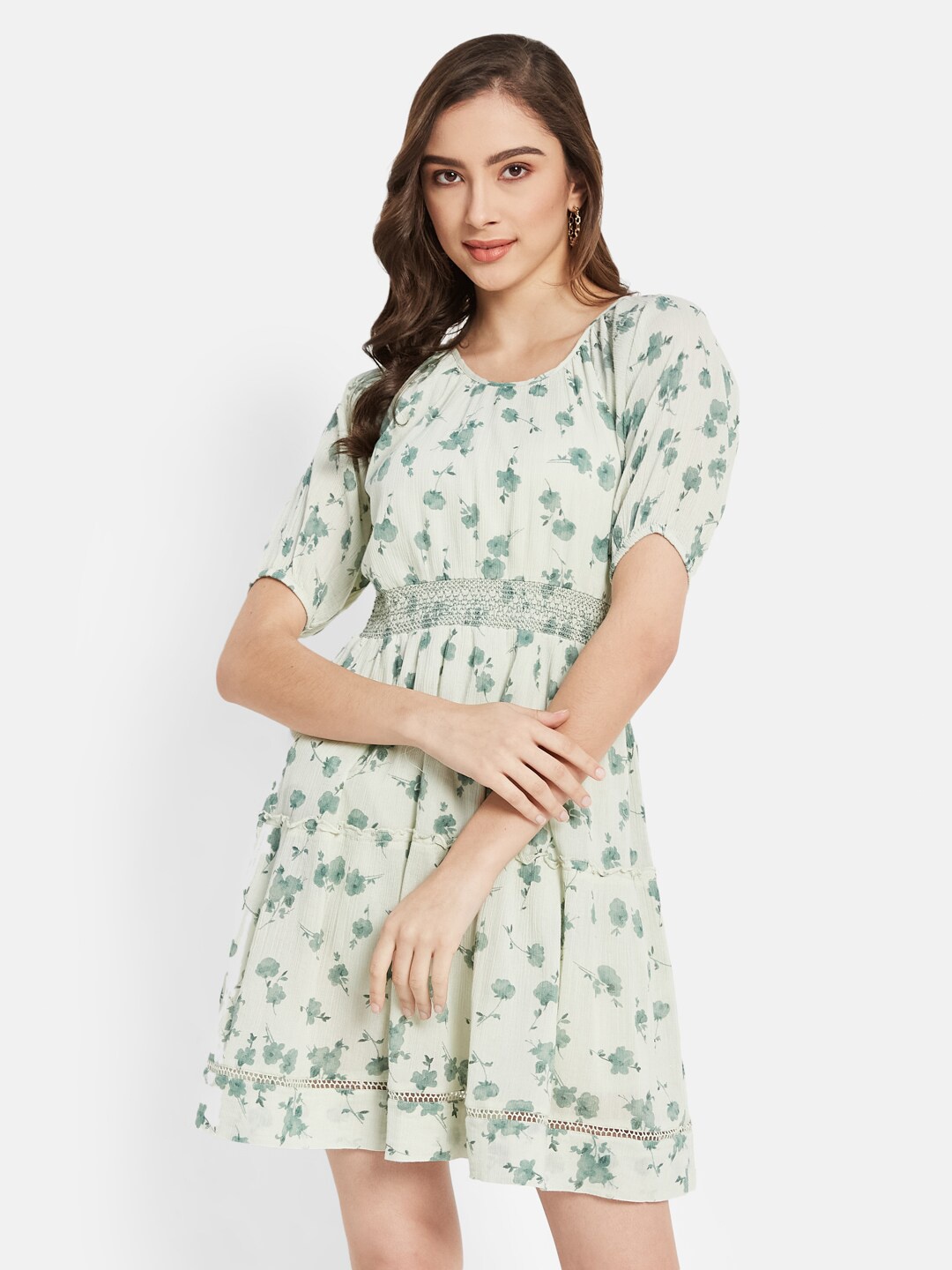 

METTLE Floral Printed Puff Sleeves Cotton Fit & Flare Dress, White