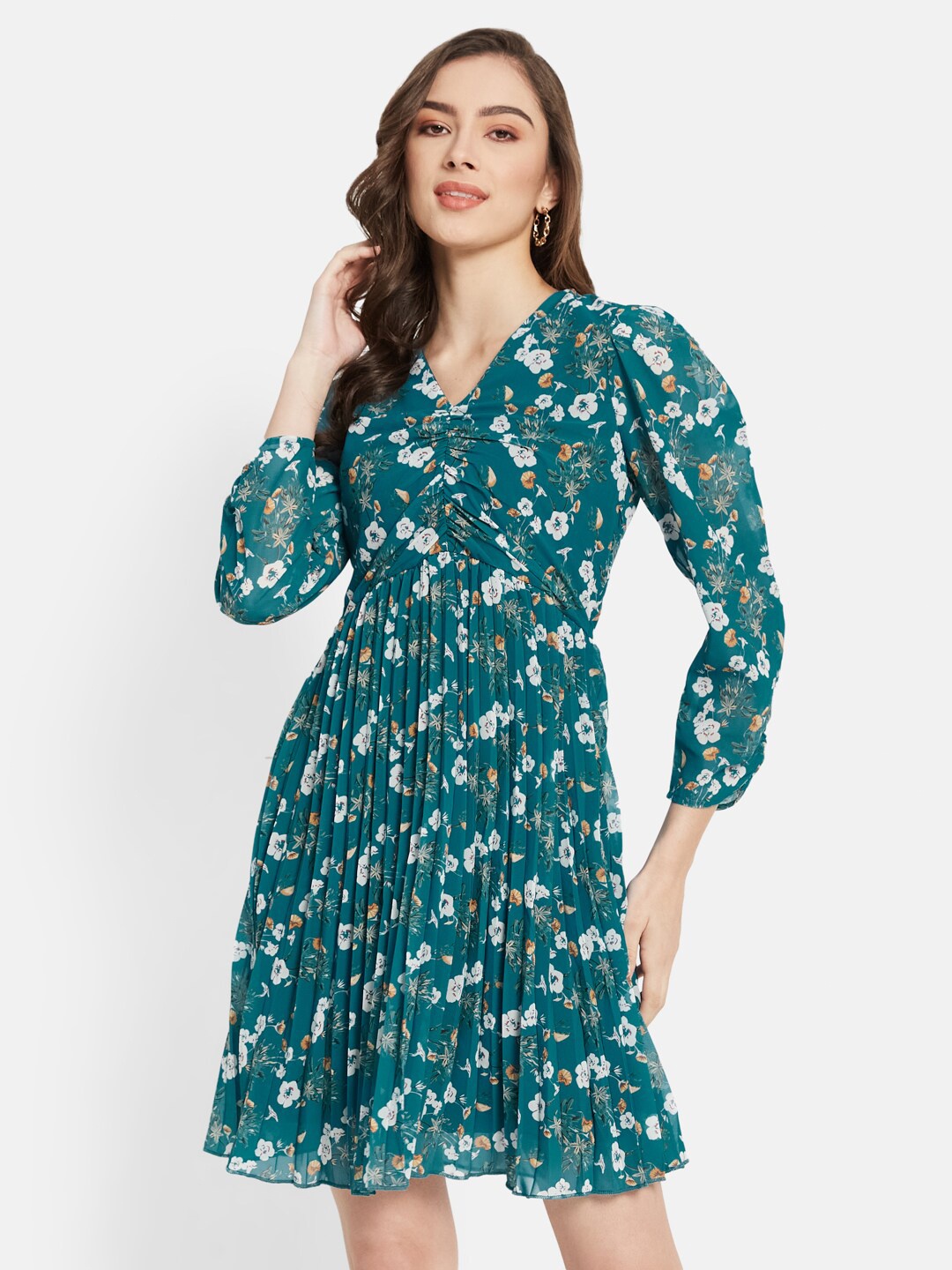 

METTLE V-Neck Floral Print Puff Sleeve Fit & Flare Dress, Green