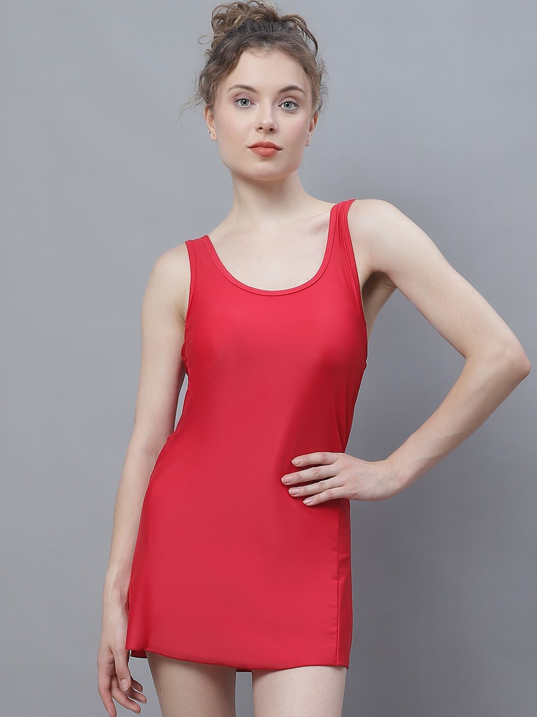 

TAG 7 ROund Neck Full Coverage Swimwear Dress, Red