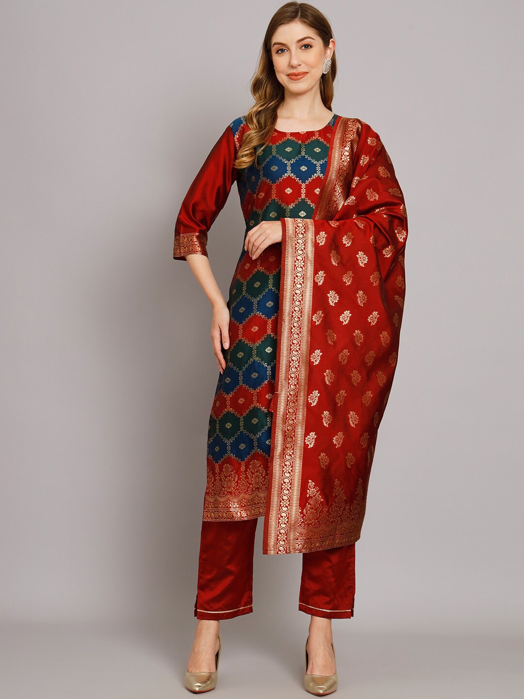

KALINI Floral Woven Design Pure Cotton Kurta with Trousers & Dupatta, Red