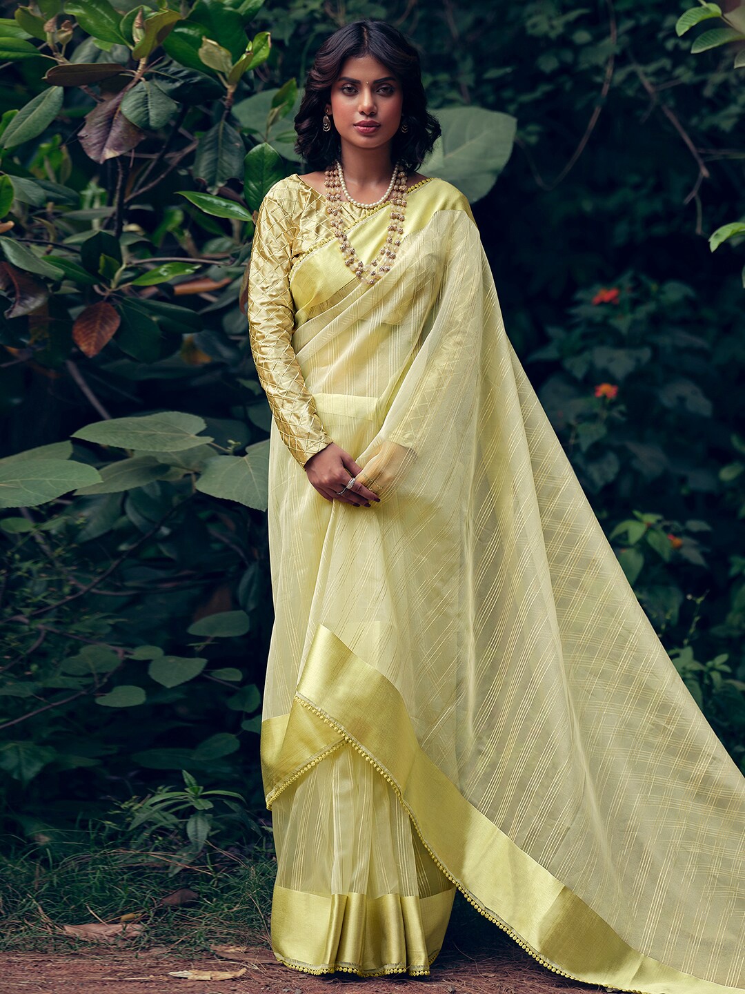 

Stylee LIFESTYLE Striped Zari Organza Saree, Yellow