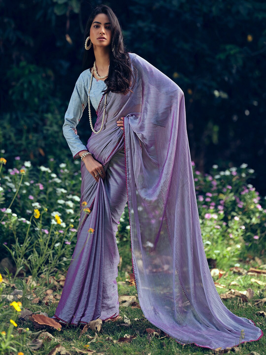 

Stylee LIFESTYLE Striped Pompom Detail Saree, Violet