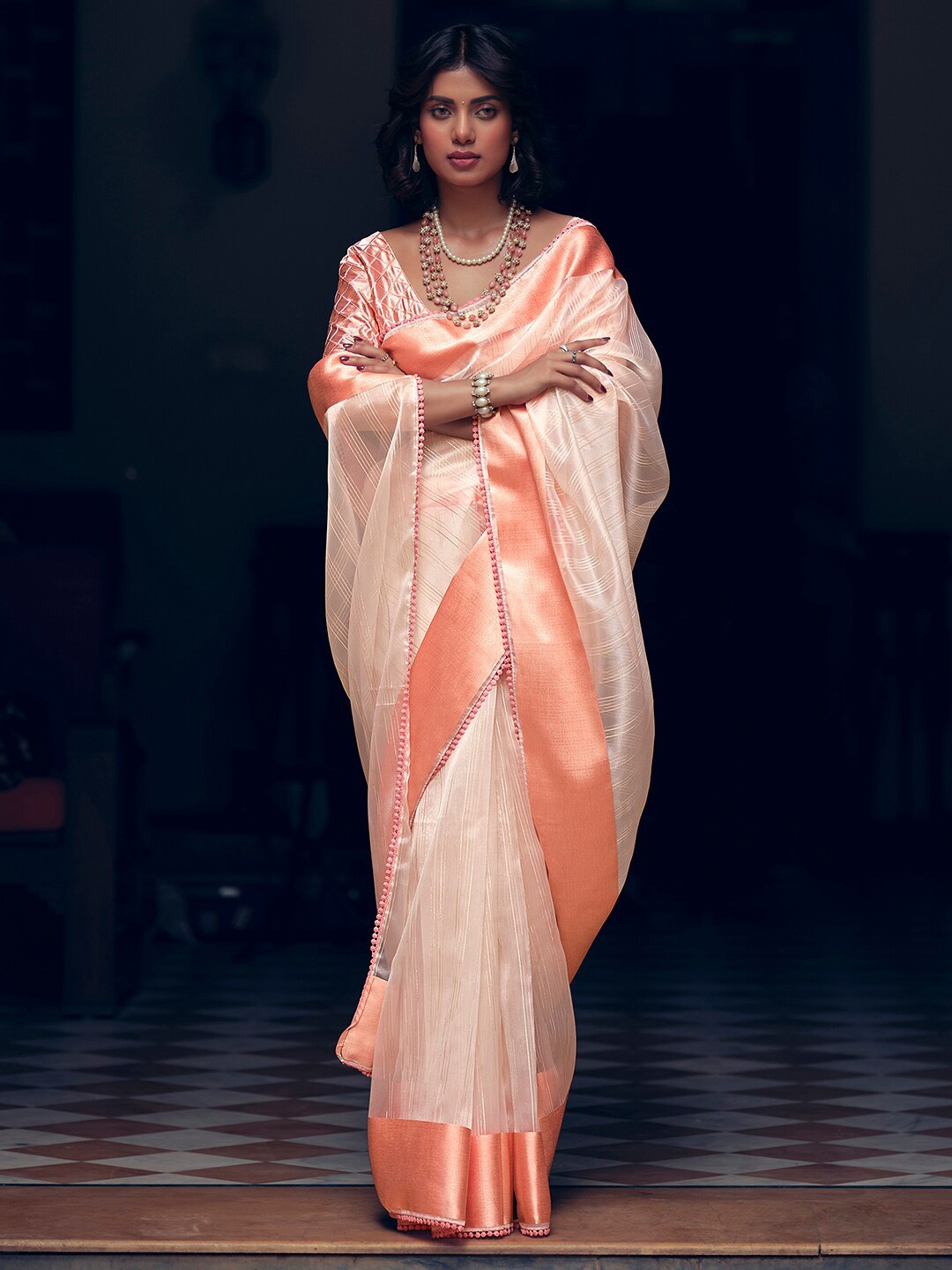 

Stylee LIFESTYLE Striped Zari Organza Saree, Peach