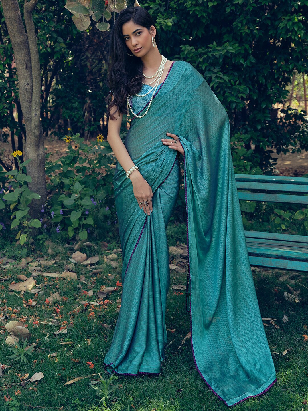 

Stylee LIFESTYLE Striped Pompom Detail Saree, Teal