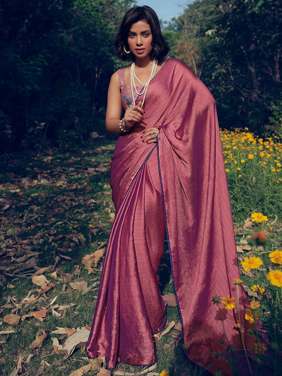 

Stylee LIFESTYLE Striped Pompom Detail Saree, Burgundy