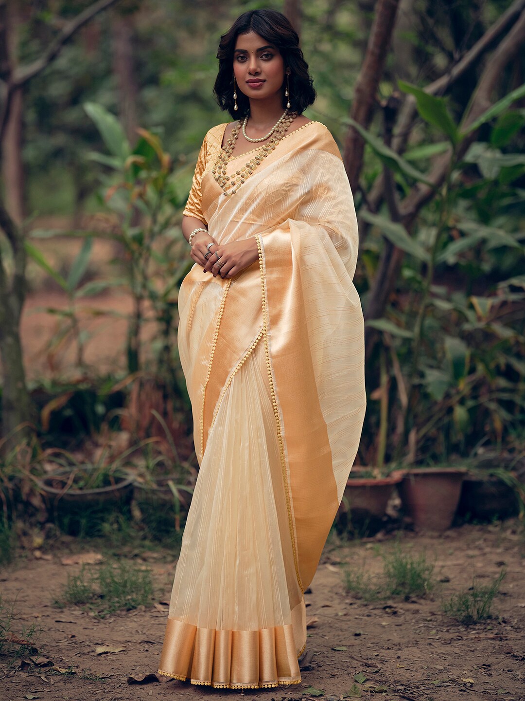 

Stylee LIFESTYLE Striped Zari Organza Saree, Off white