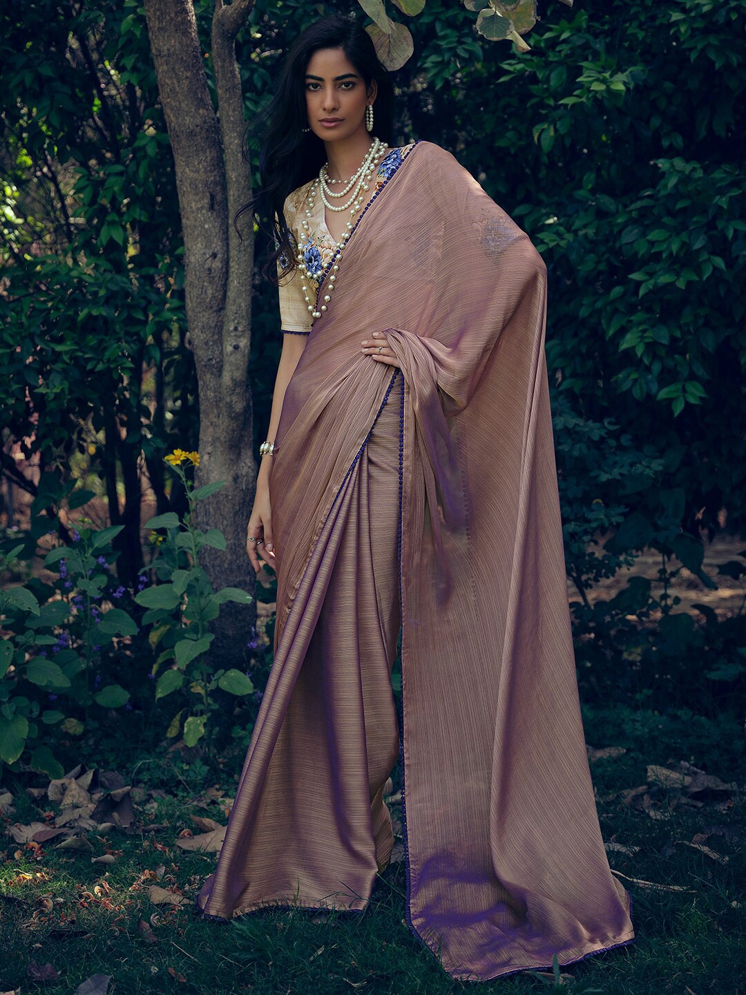 

Stylee LIFESTYLE Striped Pompom Detail Saree, Brown