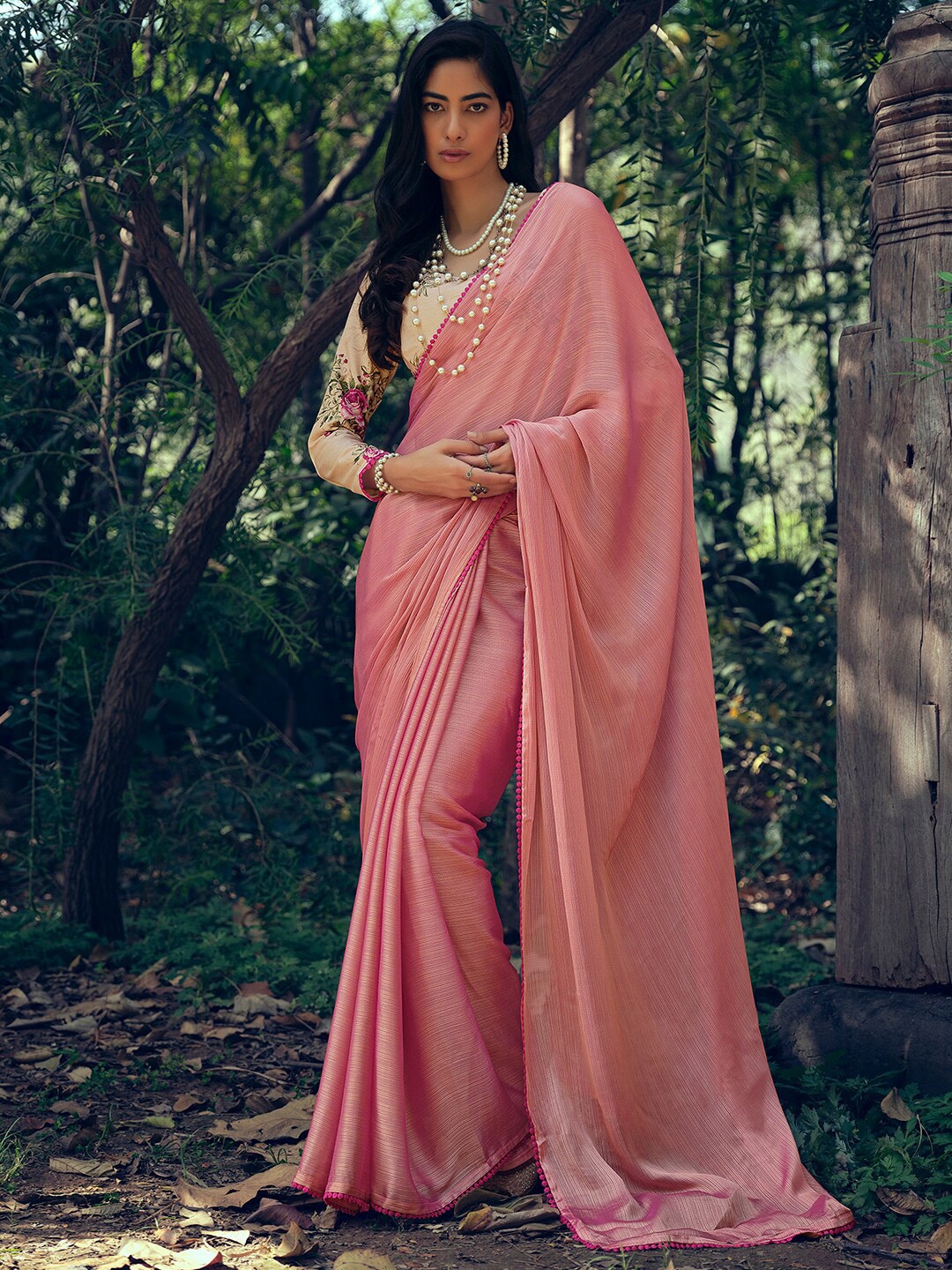 

Stylee LIFESTYLE Striped Pompom Detail Saree, Pink