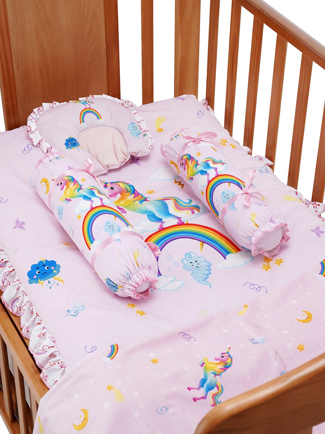 

Baby Moo Infants Printed Mattress Set With Neck Pillow and Bolsters, Pink