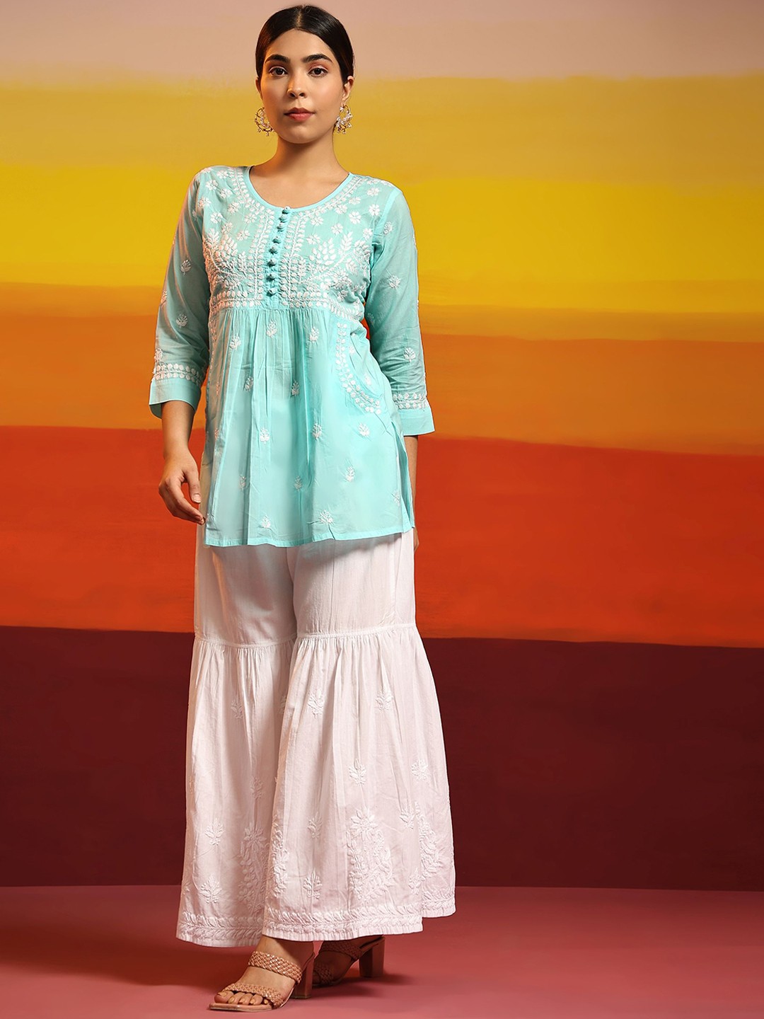 

HOUSE OF KARI Ethnic Motifs Embroidered Chikankari A-Line Cotton Kurta, Blue